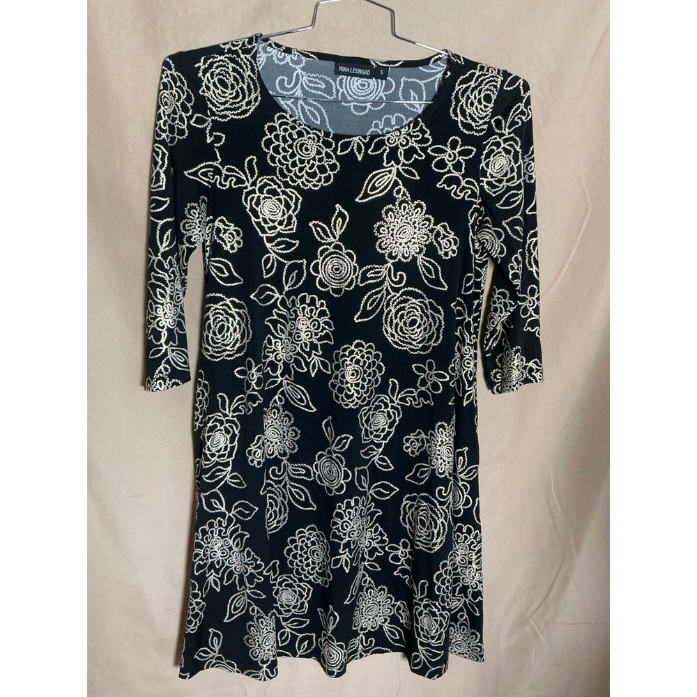 Nina Leonard Dress Womens Small Black Floral 3/4 Sleeve Excellent Scoop Neck - Picture 7 of 13
